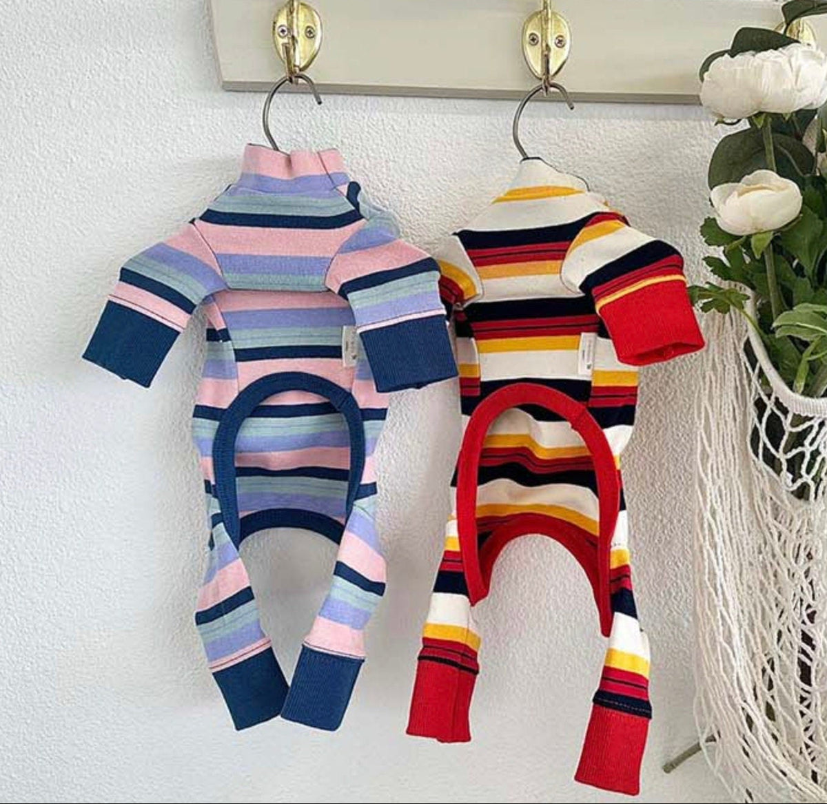 NKpup Multi Stripe Dog Overalls in pastel blue and colorful red stripe patterns