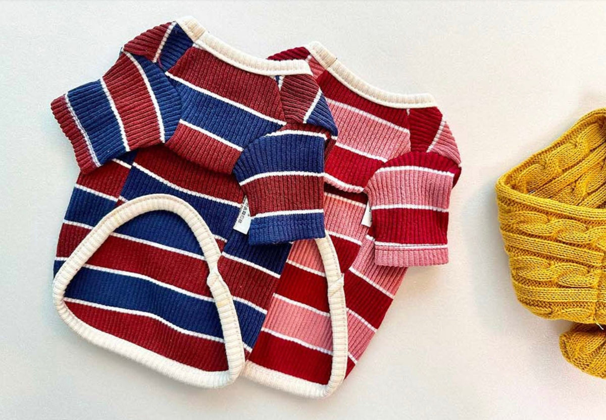 Joy Striped Dog T-Shirts in red, blue, and pink ribbed patterns.