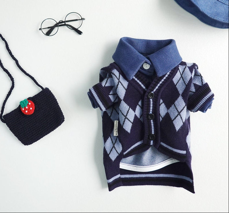NKpup argyle knit dog cardigan in navy and light blue with a denim collar