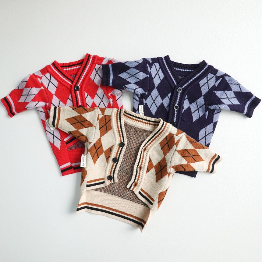 NKpup Argyle Knit Dog Cardigans in red, navy, and beige