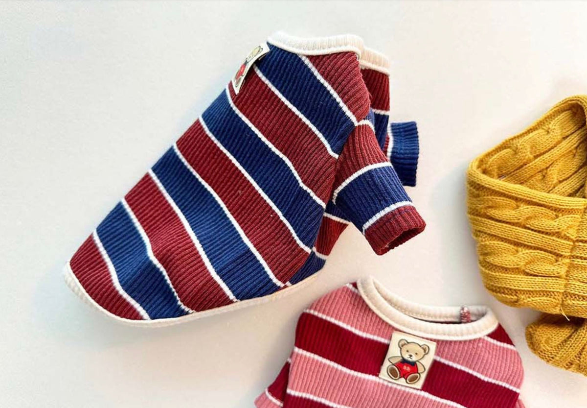 NKpup Joy Striped Dog T-Shirt in blue, red, and white stripes.