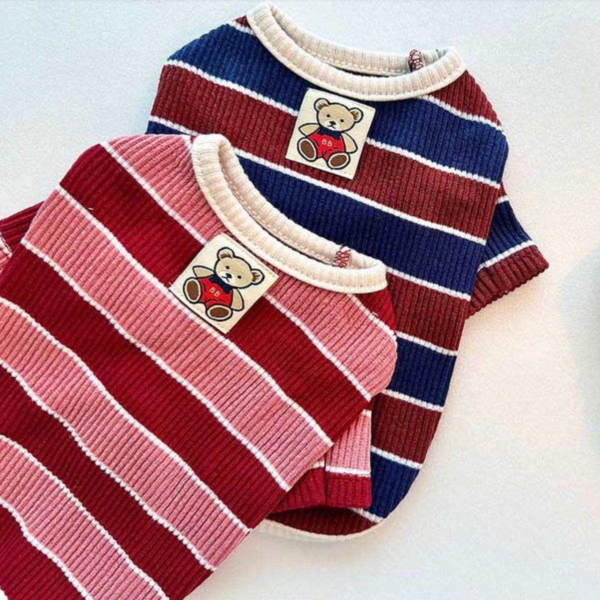 NKpup Joy Striped Dog T-Shirt in pink and navy blue with teddy bear patches