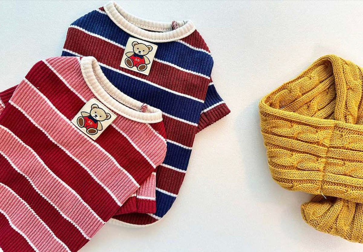NKpup Joy Striped Dog T-Shirt in pink and navy blue with teddy bear patches