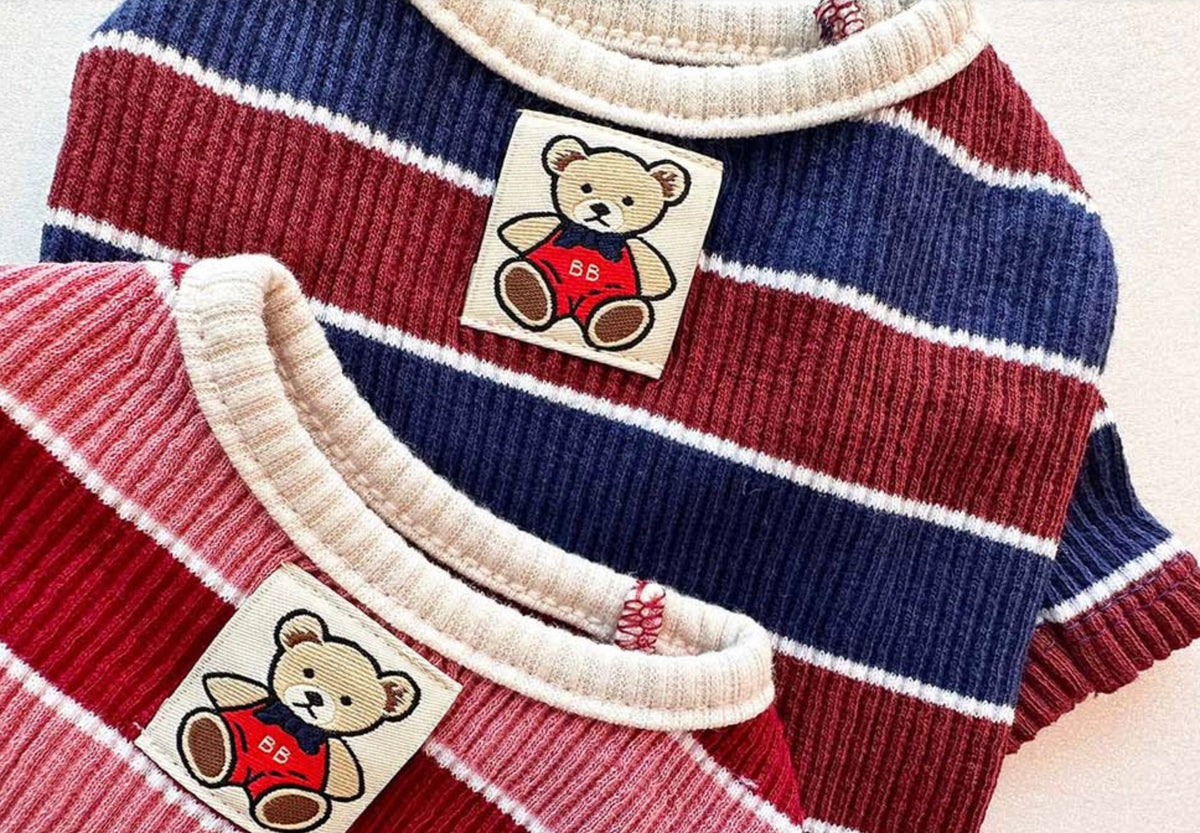 NKpup Joy Striped Dog T-Shirt in red and navy blue with teddy bear patches.