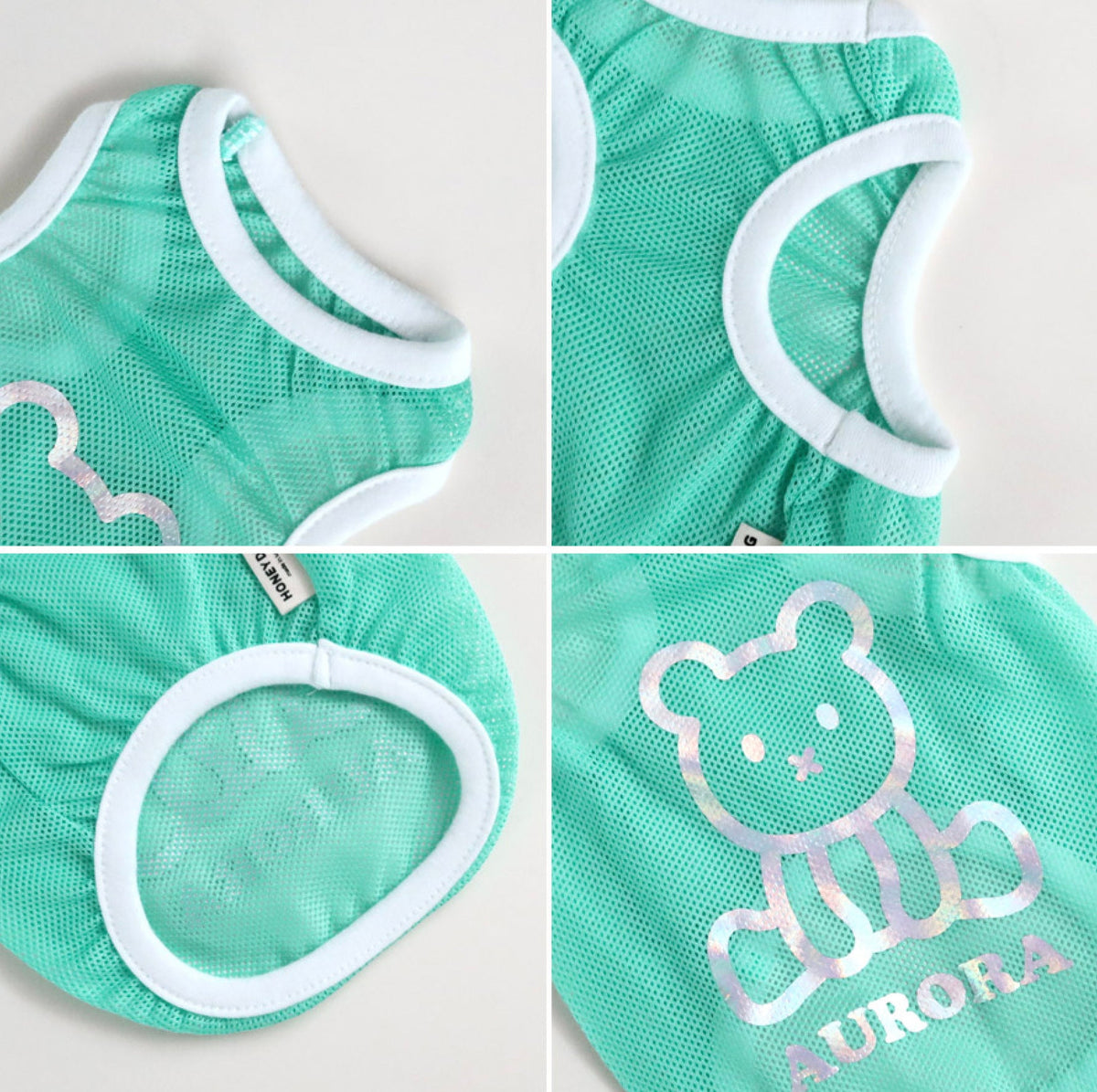 Aurora Mesh Sleeveless mint green dog vest with a white bear graphic and aurora text.