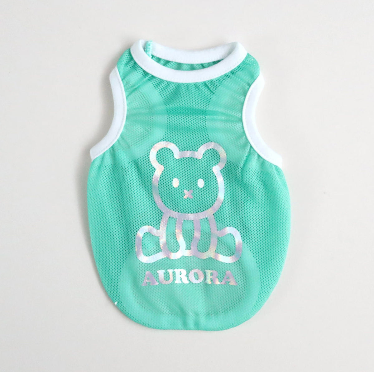 NKpup Aurora Mesh Sleeveless mint green dog vest with holographic bear graphic