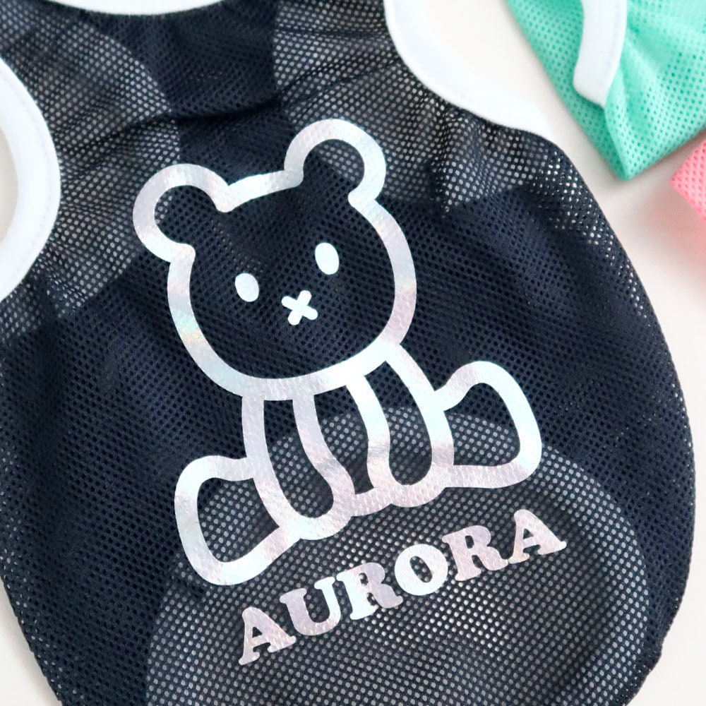Black Aurora mesh sleeveless dog vest with a silver bear graphic and Aurora text.