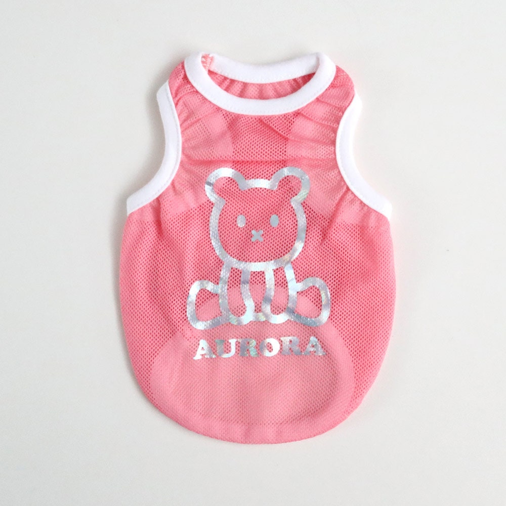 Pink Aurora Mesh Sleeveless dog vest with silver teddy bear graphic
