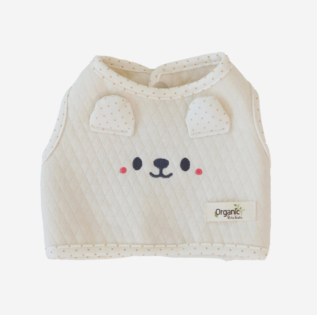 Cream organic quilted dog crop vest with bear ears and cute face embroidery