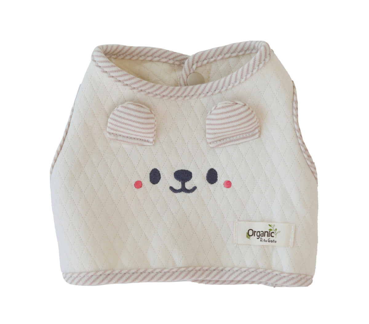Organic quilted dog crop vest in cream with bear face embroidery and striped trim
