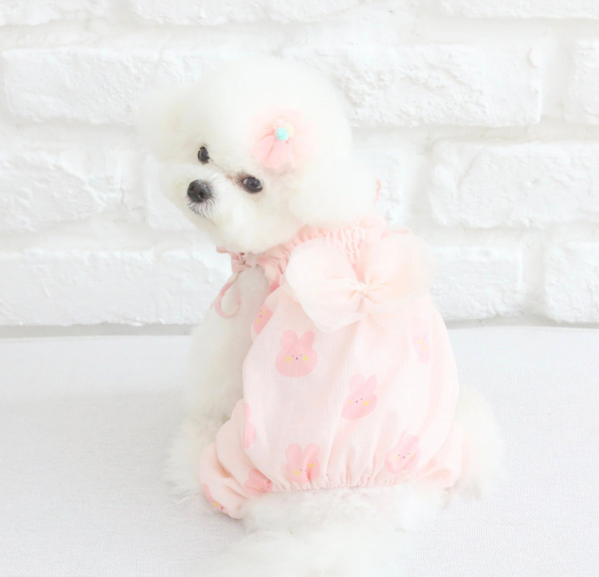 NKpup pink rabbit pattern dog overall with a large back bow