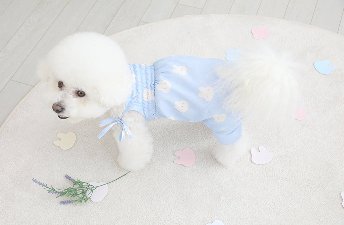 NKpup light blue Rabbit Dog Overall with white rabbit pattern and bow tie detail