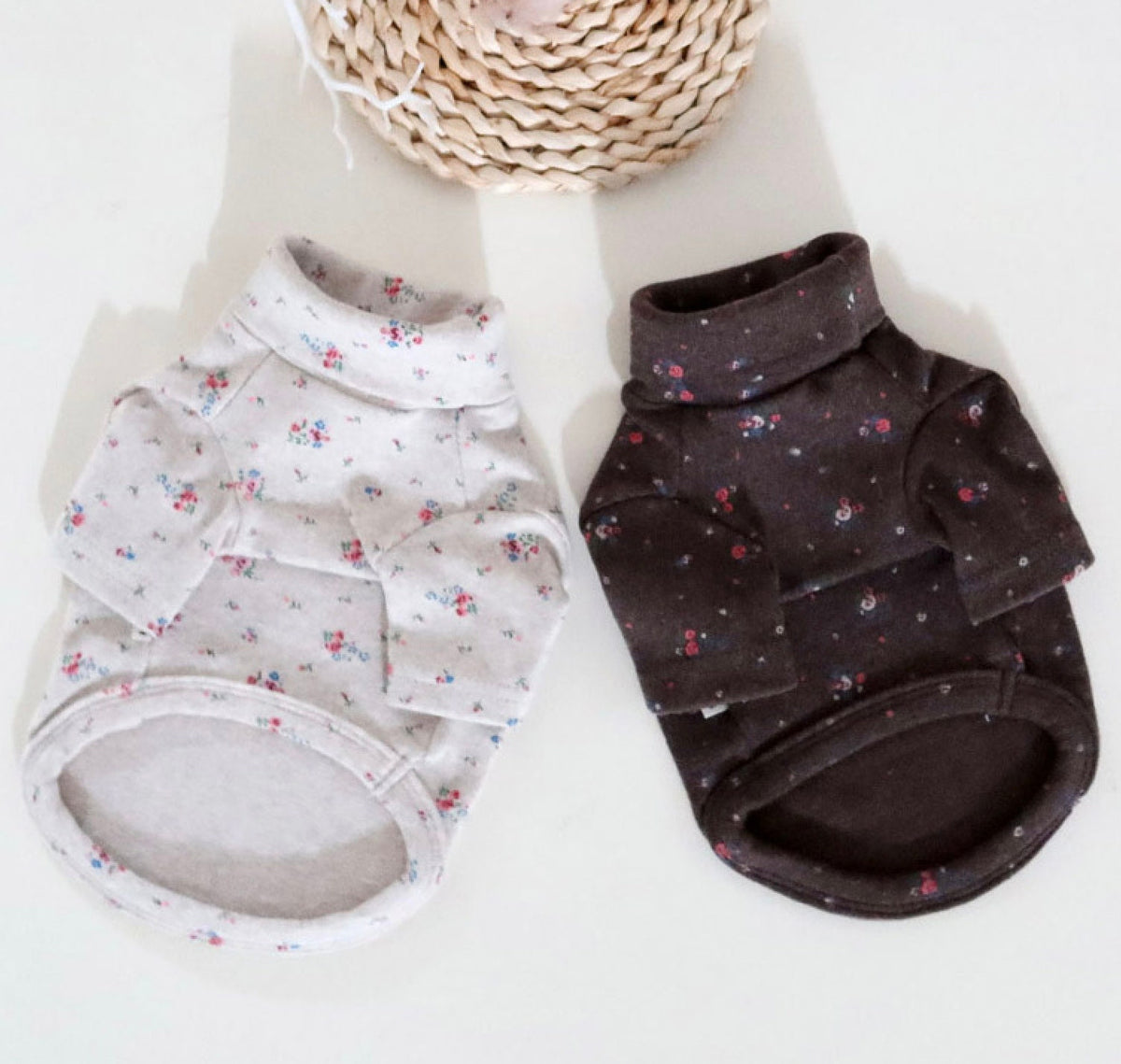 NKpup floral dog turtleneck shirts in cream and dark brown colors