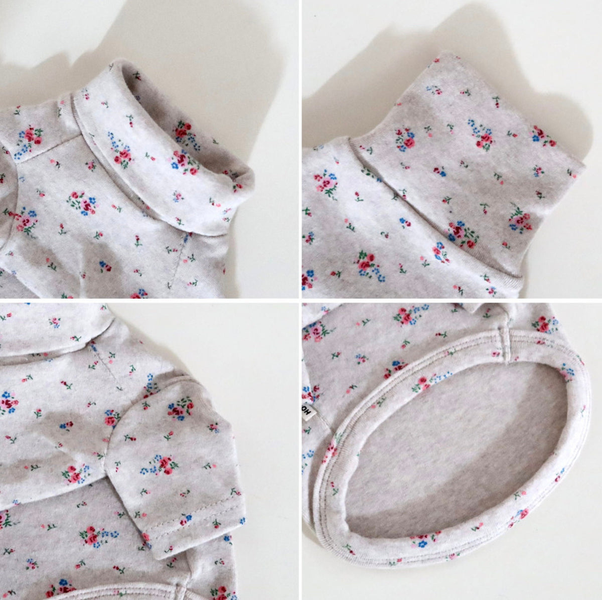 NKpup light grey floral dog turtleneck shirt with small red and blue flower patterns