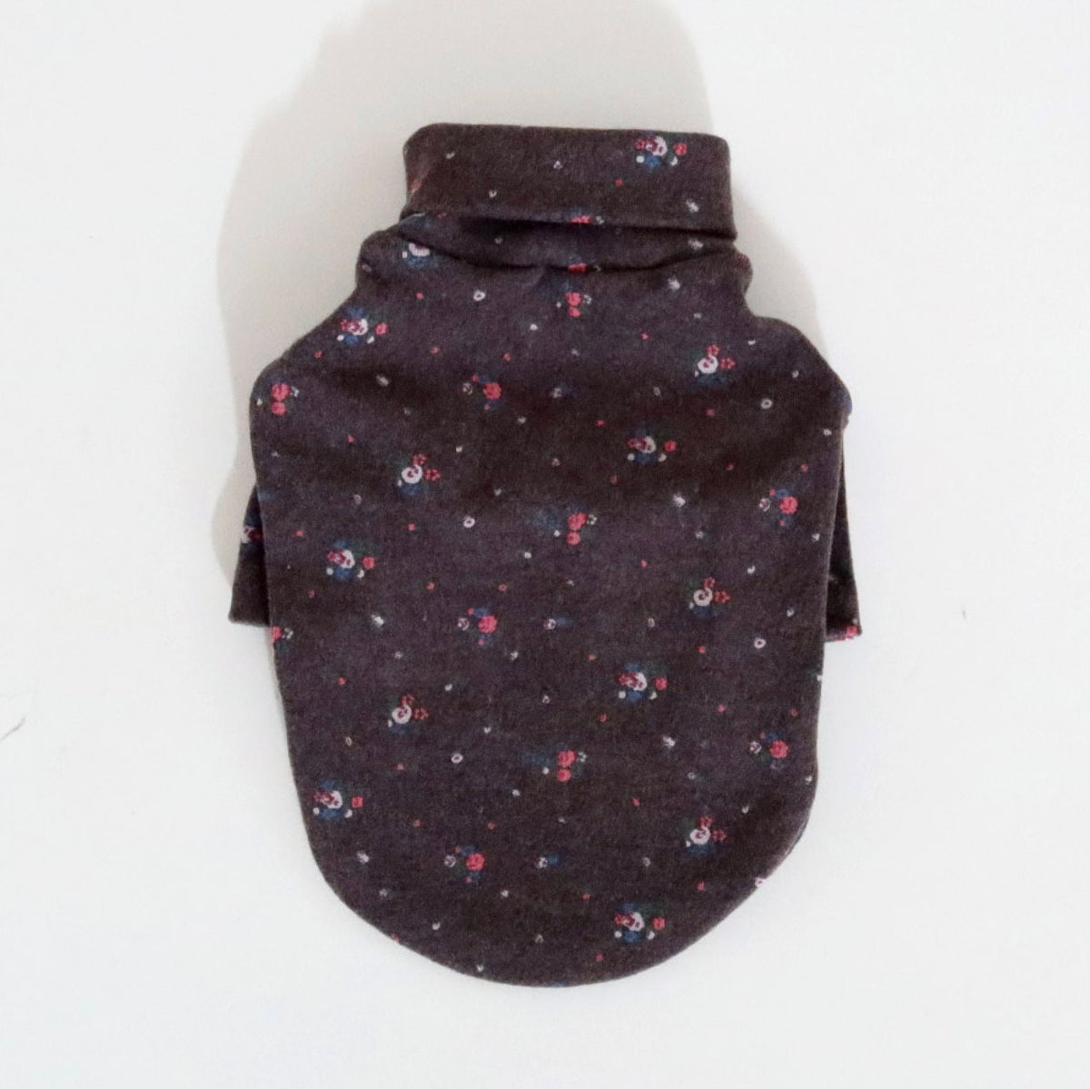 Dark brown turtleneck dog shirt with a small floral pattern.