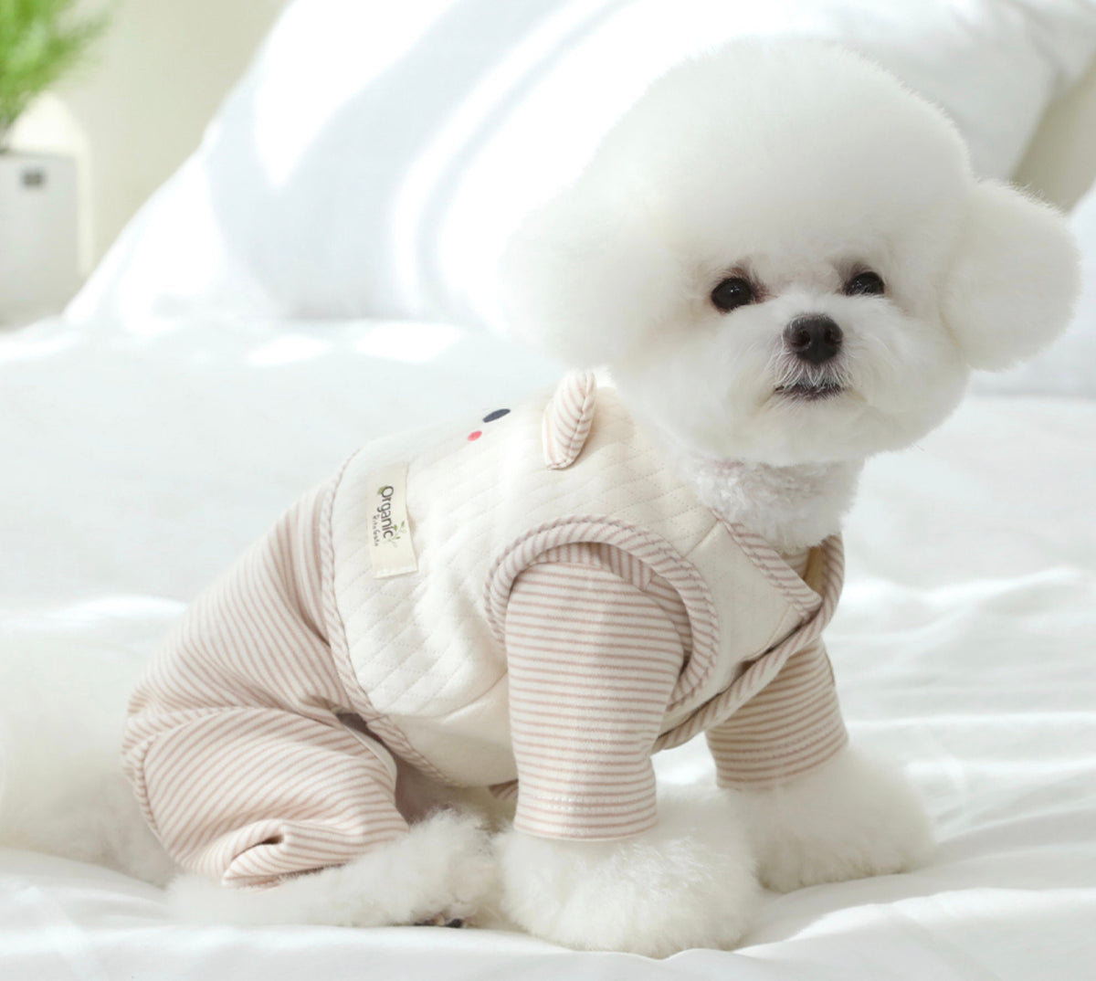NKpup organic quilted dog crop vest in beige and white stripes