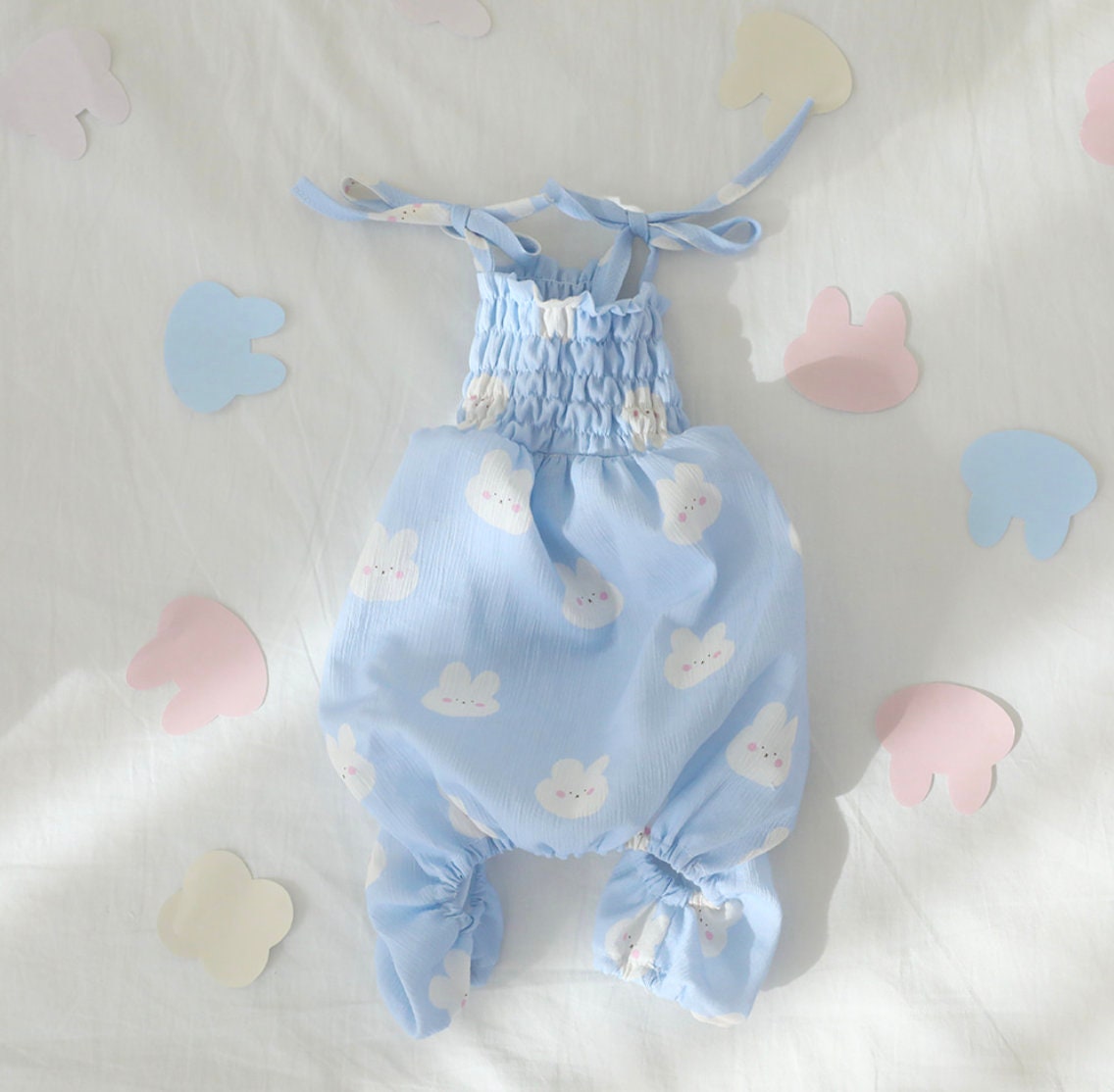 NKpup light blue Rabbit Dog Overall with white rabbit pattern and smocked chest