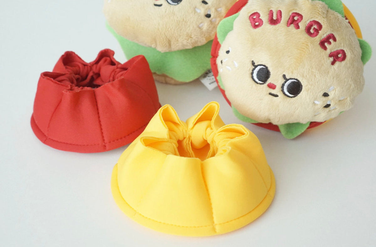 Snuffle Burger dog toy set with burger plushie and red and yellow fabric snuffle balls.