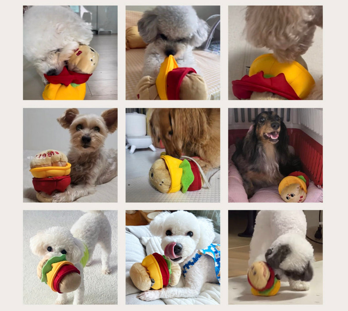 Snuffle Burger dog toy in red, yellow, and brown colors