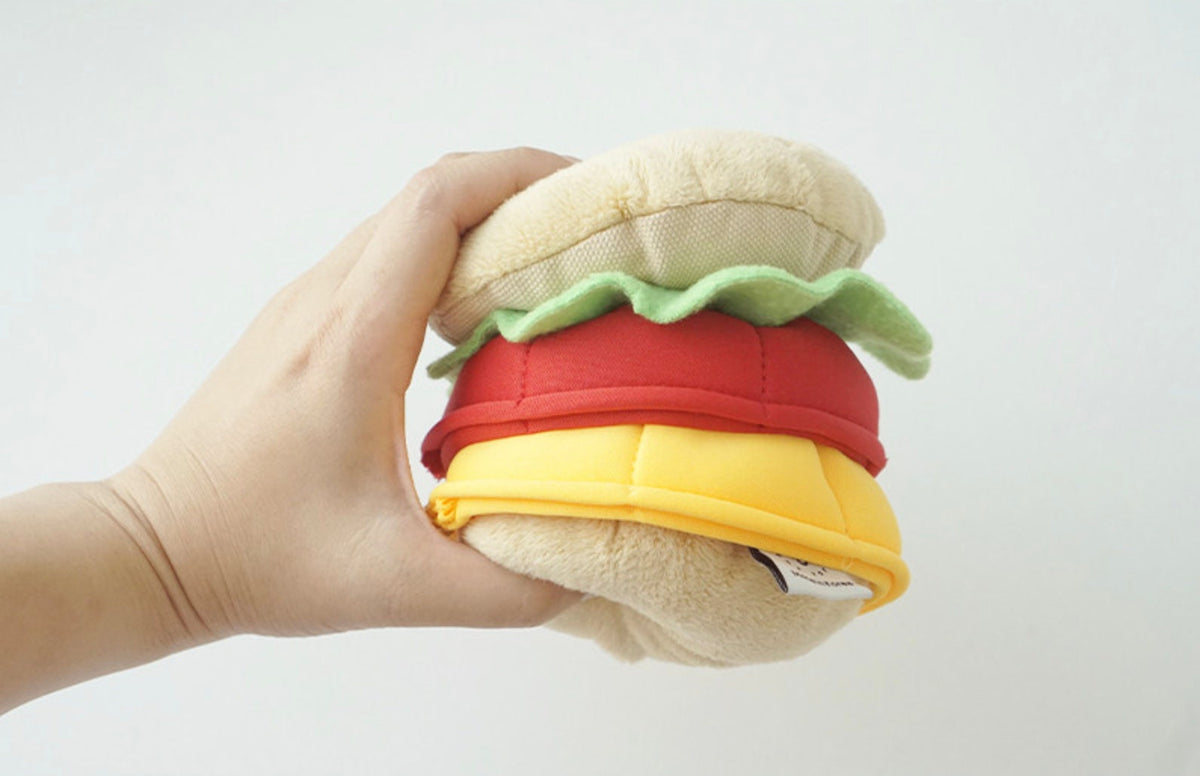 Snuffle Burger dog toy with plush hamburger design