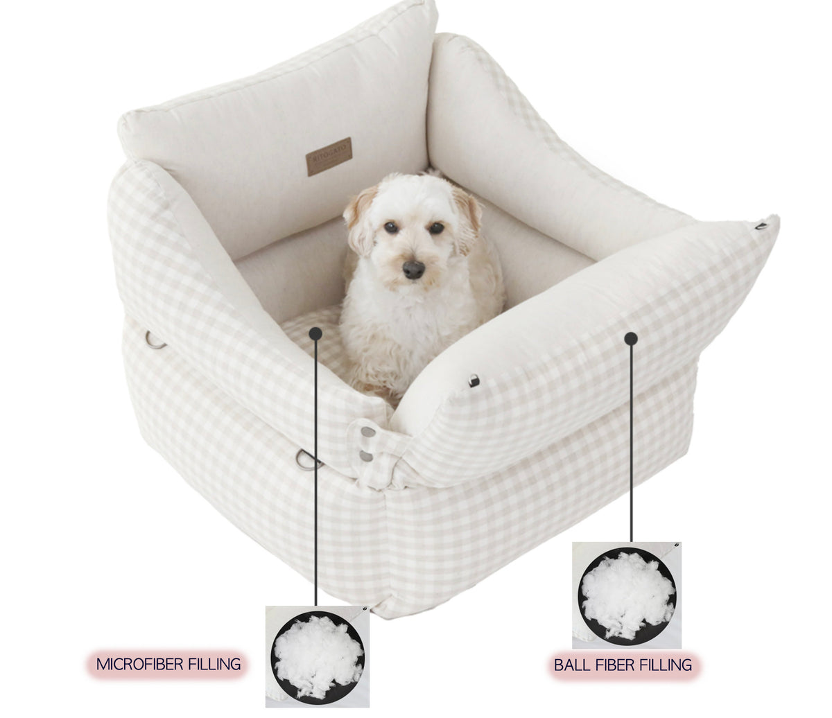 Smart Linen-Cotton pet car seat in cream checkered pattern with microfiber and ball fiber filling.