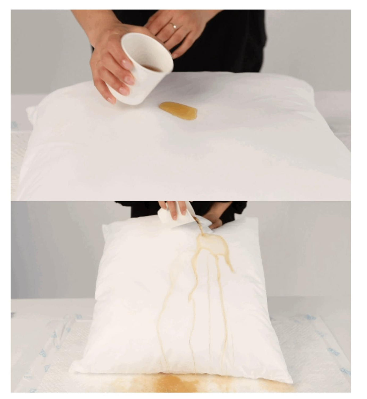 Spilled liquid on a white Smart Linen-Cotton Pet Car Seat.