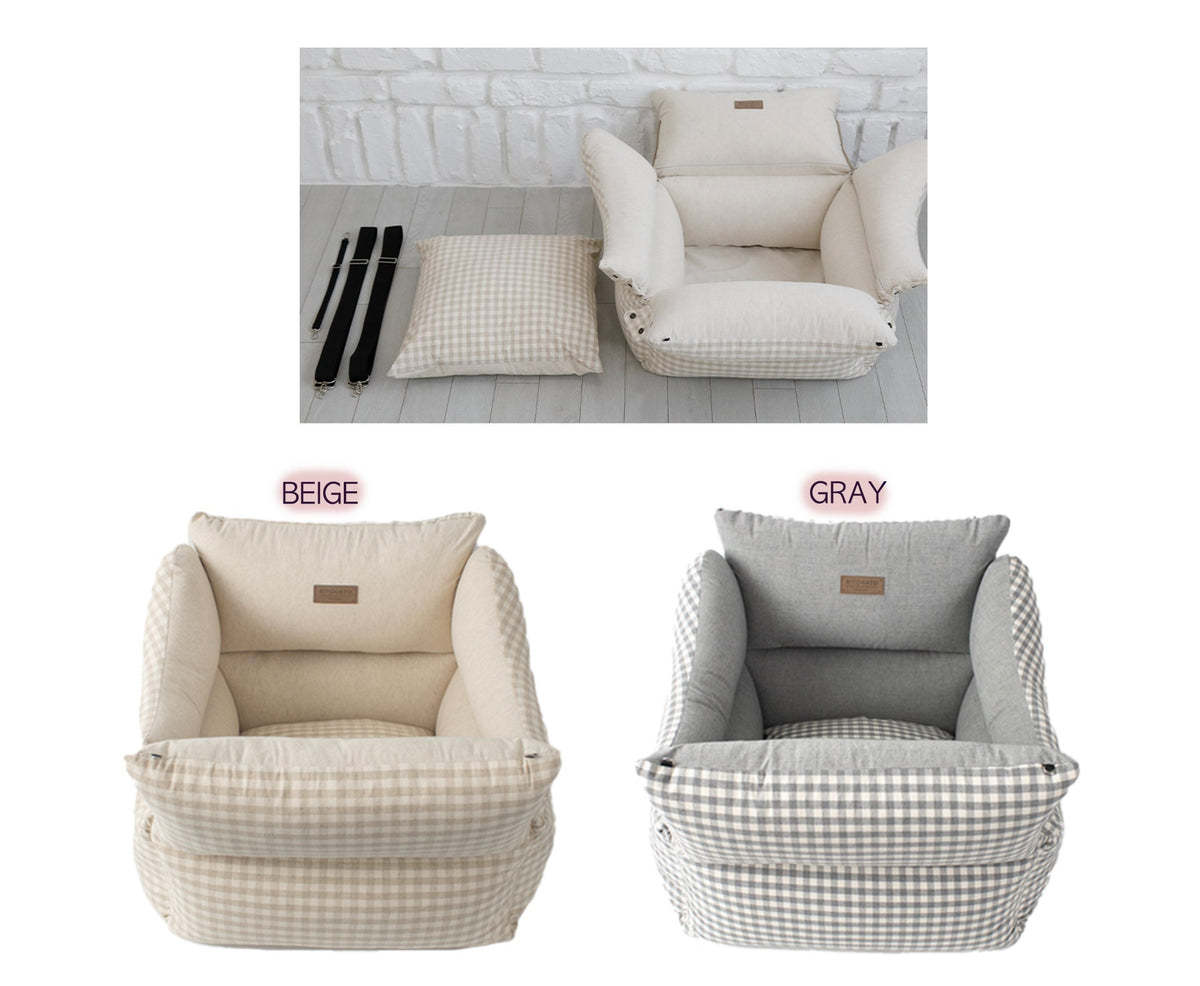 Smart Linen-Cotton pet car seat in beige and gray gingham patterns by NKpup