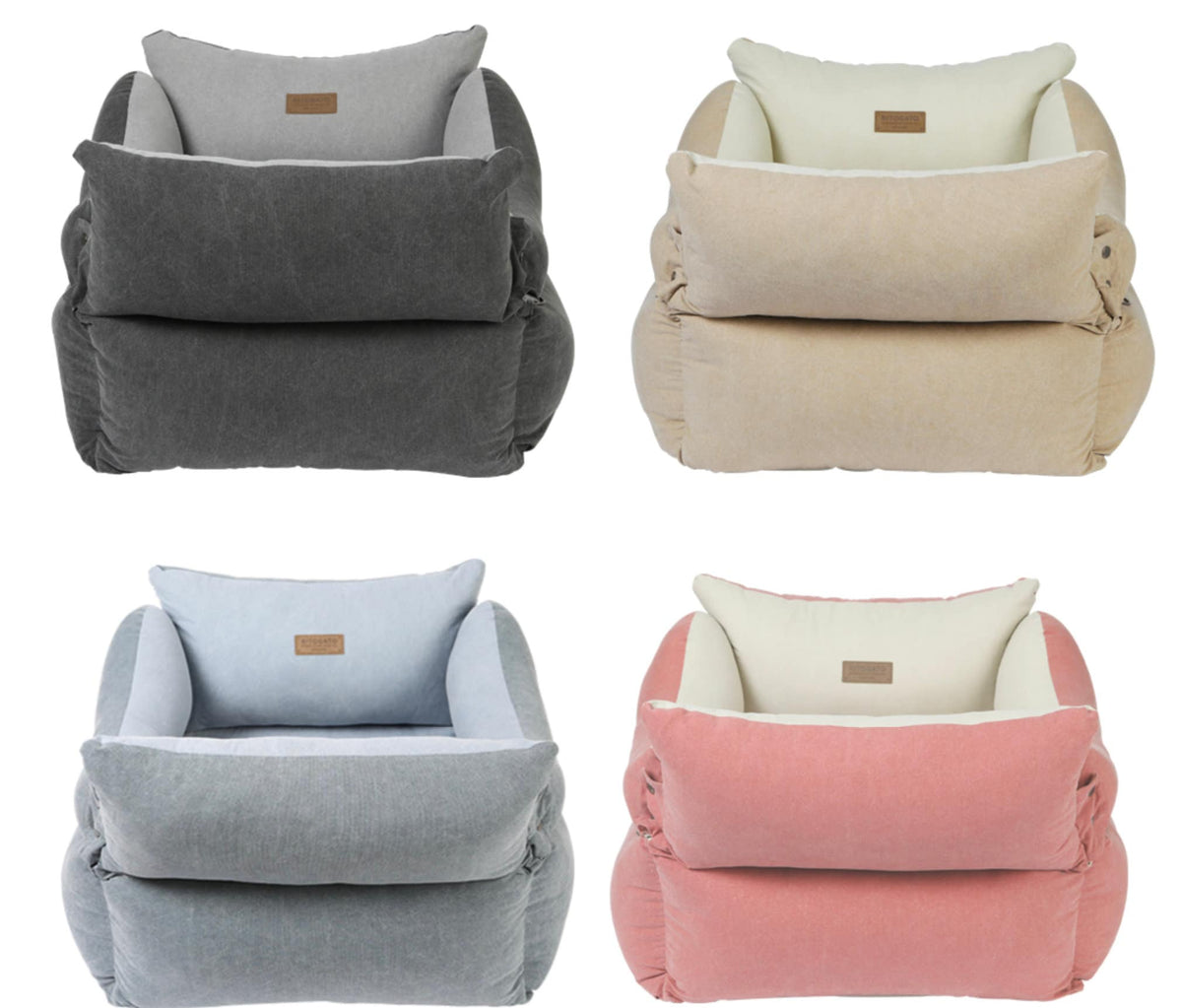 Set of four NKpup Smart Cotton pet car seats in charcoal, beige, light blue, and dusty pink.