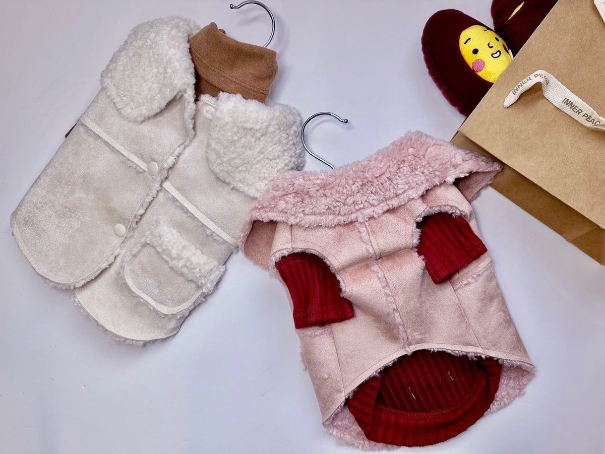 NKpup luxury velvet dog vests in cream with white sherpa trim and pink with red ribbed accents