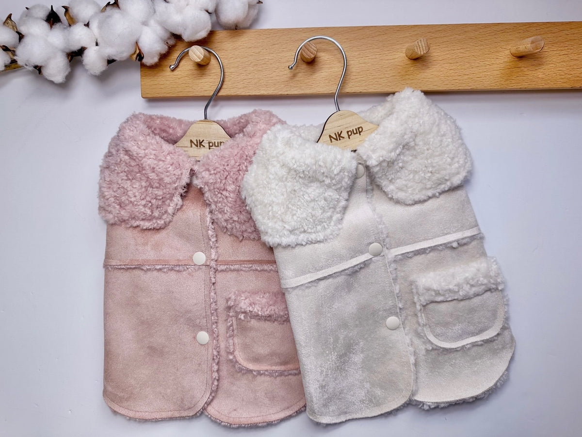 NKpup luxury velvet dog vests in dusty pink and cream with fluffy shearling collars and pockets