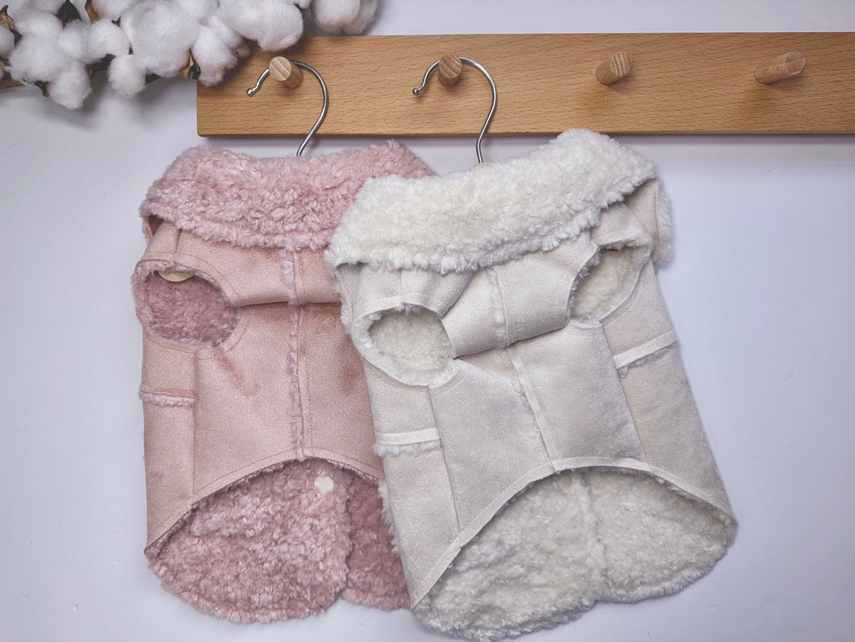 NKpup luxury velvet dog vests in dusty pink and cream with soft sherpa lining