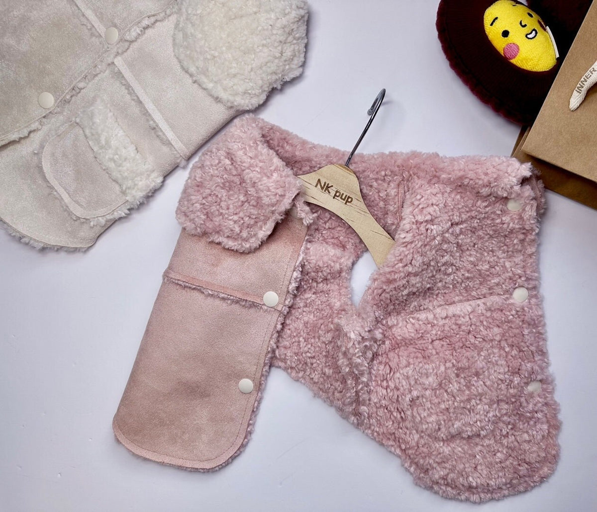 NKpup pink luxury velvet dog vest with soft sherpa fleece lining and button details