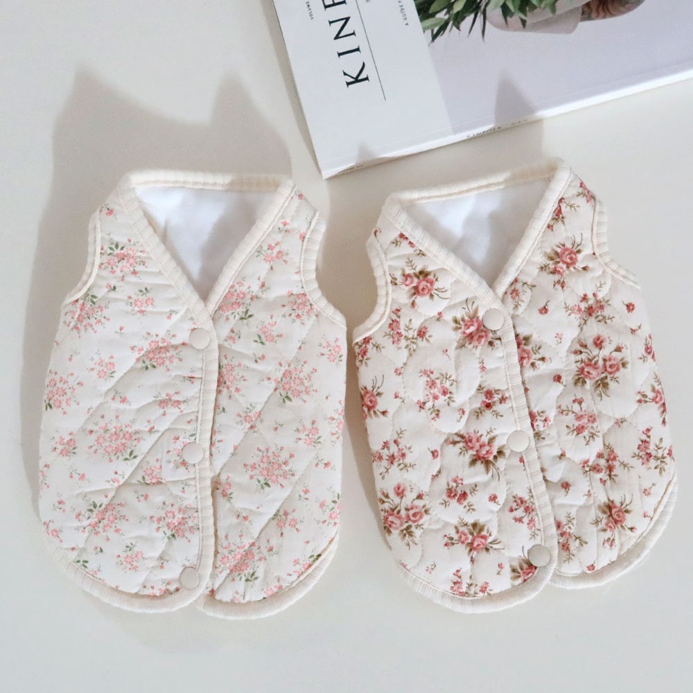NKpup floral quilted dog vest in cream with pink flower pattern