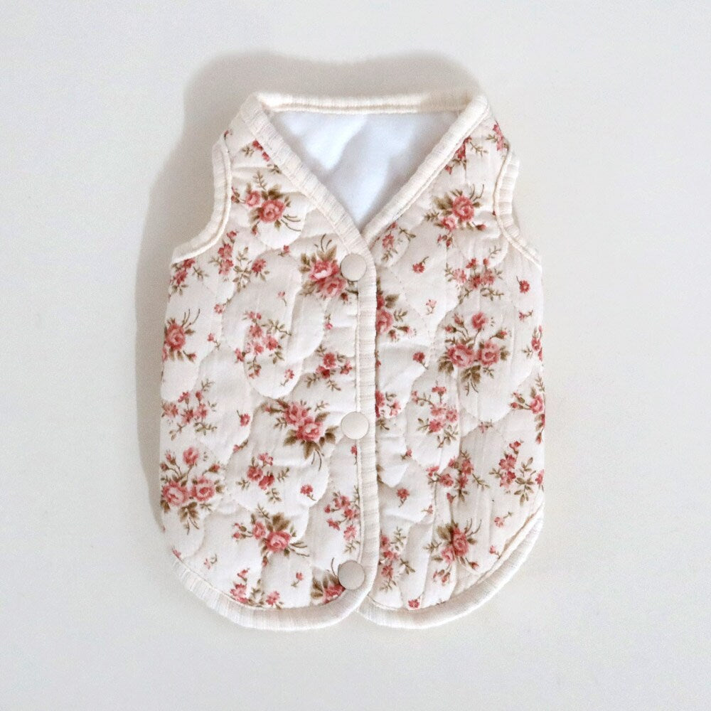 NKpup floral quilted dog vest in cream with pink rose pattern