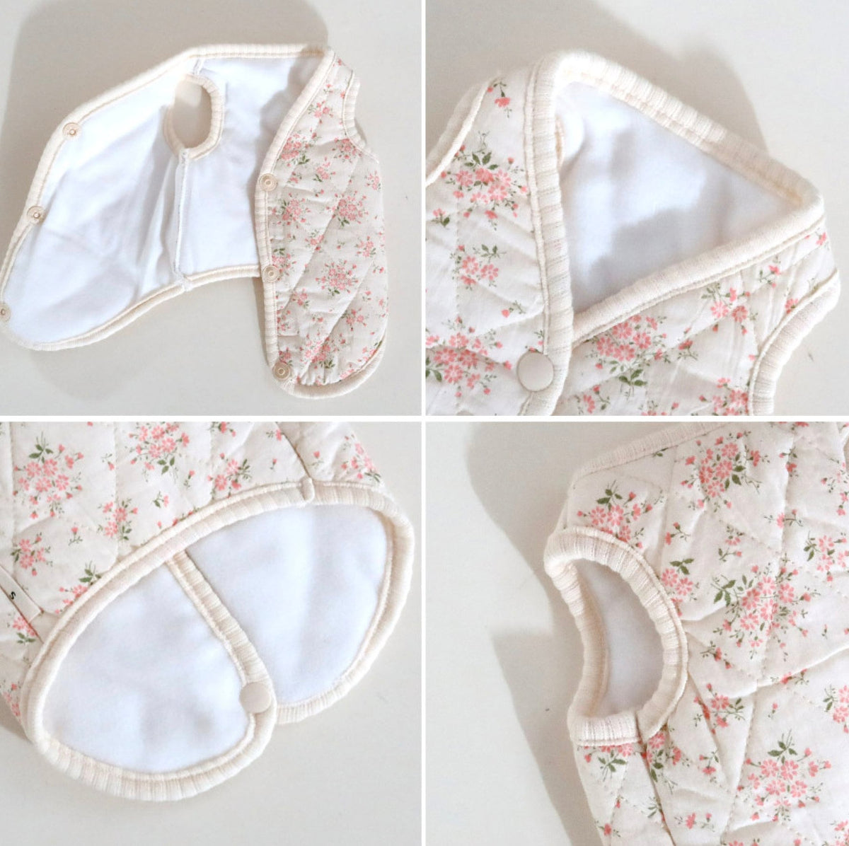 NKpup floral quilted dog vest in cream with pink flower pattern