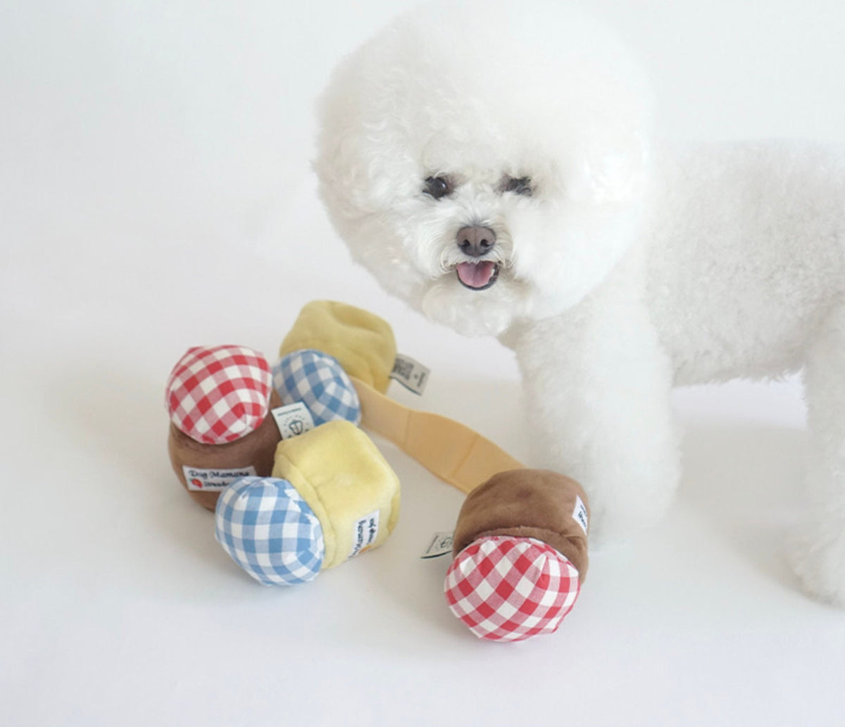Snuffle Jam dog toy with colorful checkered and solid fabric patterns.