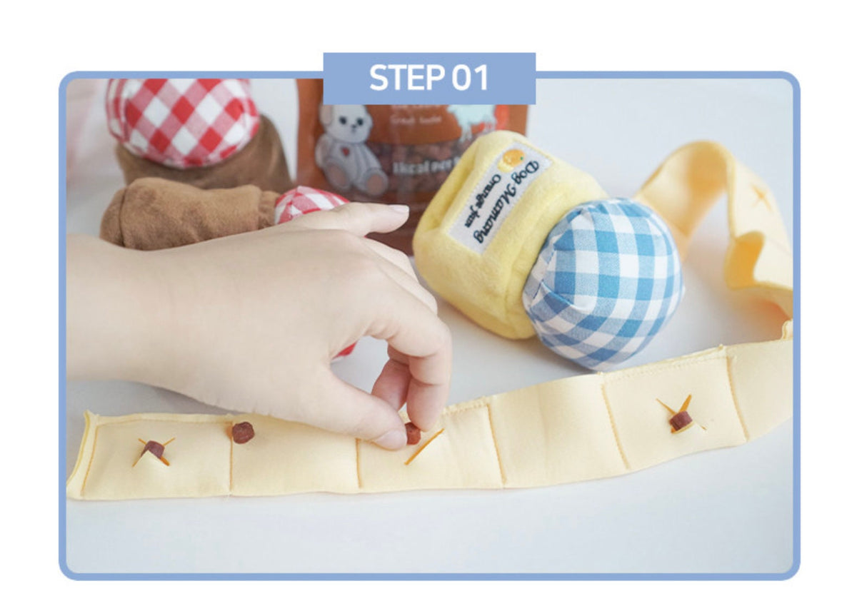 Yellow Snuffle Jam Dog Toy with blue gingham fabric and small treat pockets.