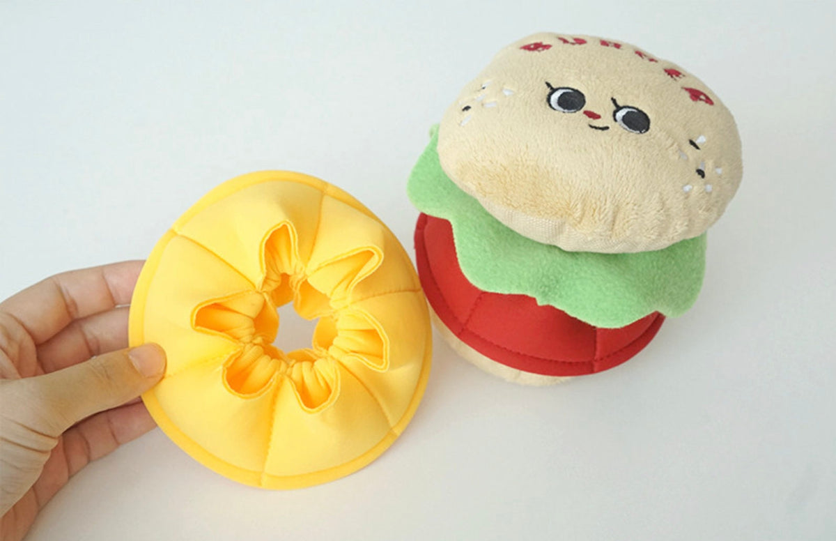 NKpup Snuffle Burger dog toy with plush hamburger design and yellow fabric snuffle layers