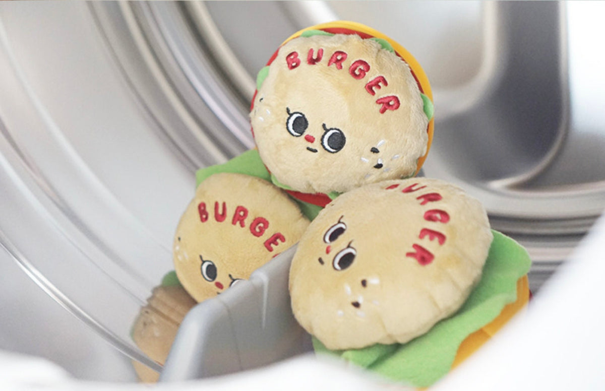NKpup Snuffle Burger dog toy with cute character faces and red burger text.