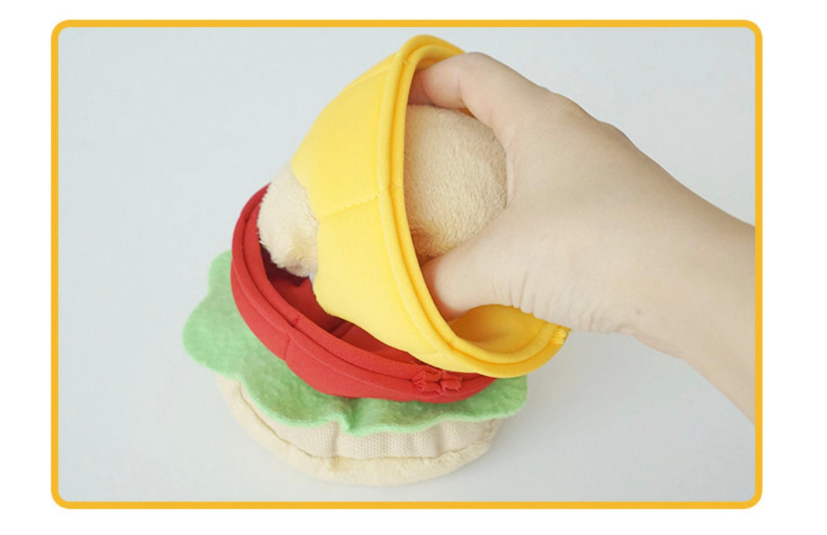 NKpup Snuffle Burger Dog Toy with yellow, red, and green fabric layers