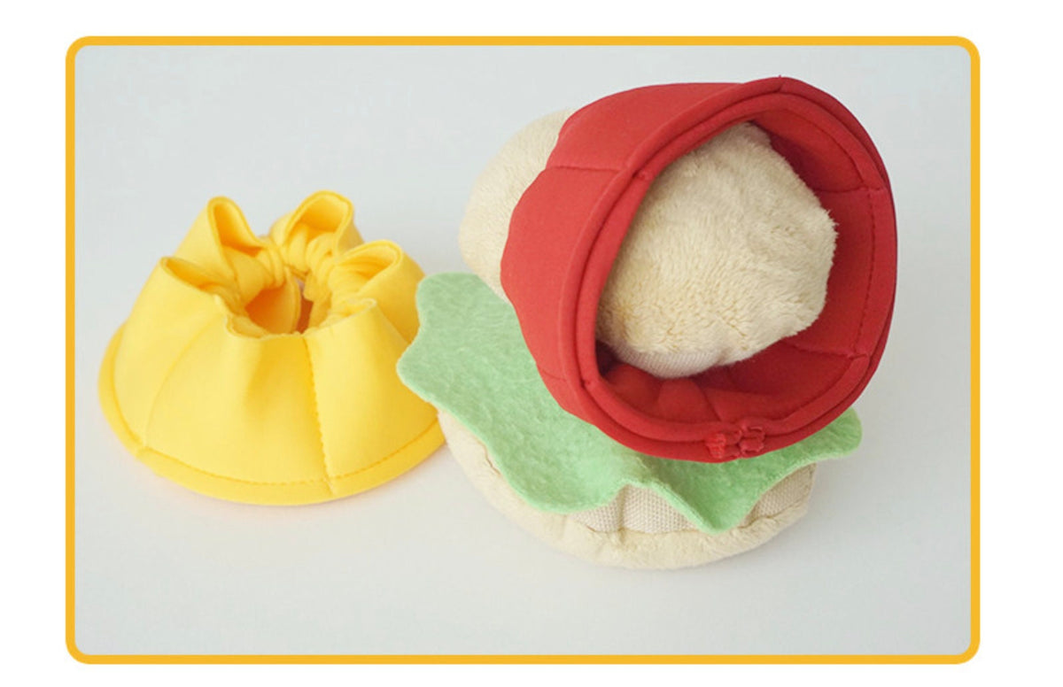 Snuffle Burger Dog Toy with red and yellow fabric layers and green lettuce-style trim.