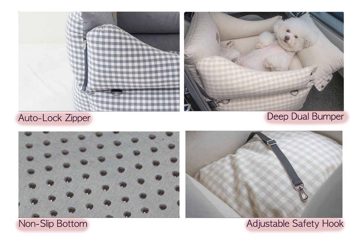 Smart Linen-Cotton pet car seat with beige gingham pattern, auto-lock zipper, and adjustable safety hook.