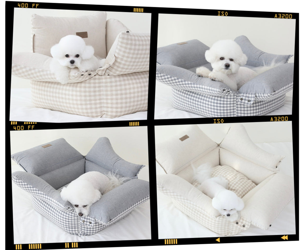 Smart Linen-Cotton pet car seat in beige gingham and grey checkered patterns by NKpup